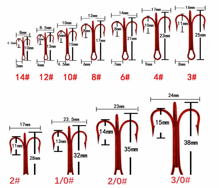 ZHUORUN High Quality Red Fishhook Carbon Steel Treble Triple Jig Hooks Fishing Hooks Sharpened Three Anchor 2/3/4/6/8/10/12/14#
